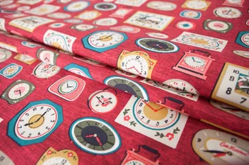 

free shipping Cotton cloth cute red alarm clock linen tablecloths bottom printed manual fabric curtains Busha release