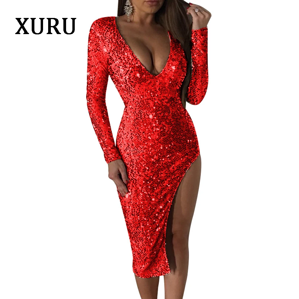 US $16.16 16% OFFXURU Sexy pailletten kleid V ausschnitt hohe open bankett kleid weibliche glänzende pailletten enge kleid herbst lange ärmeln langes