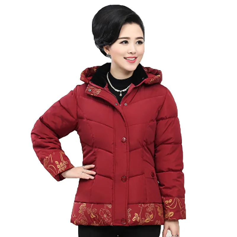 2016 middle age elderly women cotton coat winter mother clothing print thick wadded jacket removable hood