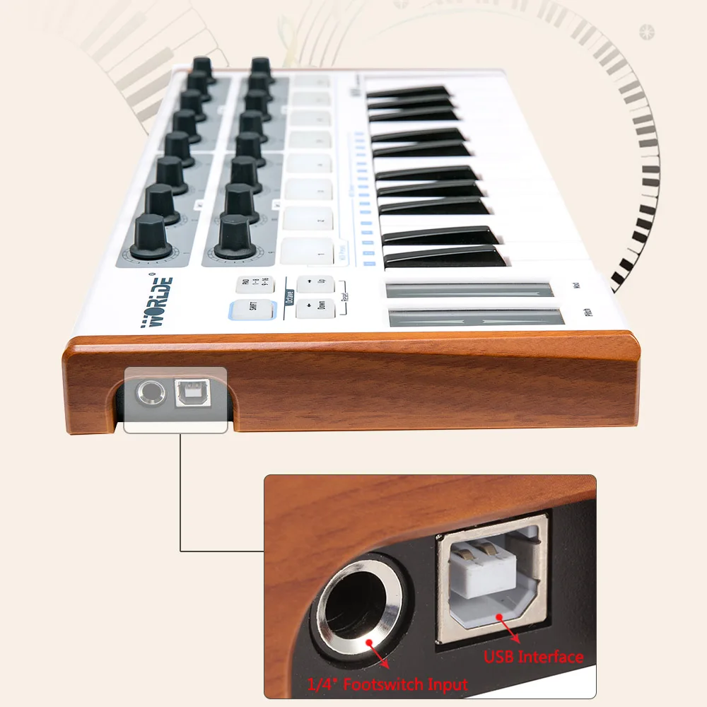WORLDE Midi Keyboard Midi Controller TUNA 25-Key USB MIDI Keyboard Controller 8 RGB Backlit Trigger Pads with 6.35mm Pedal Jack