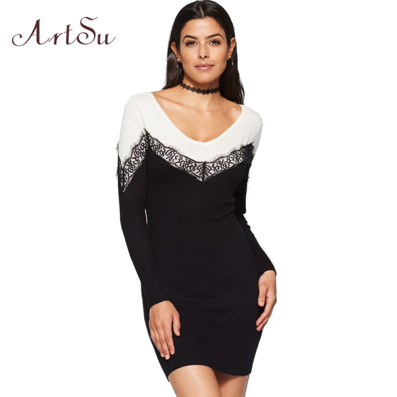 ArtSu Casual Lace Patch Knitted Mini Dress Women Autumn Black White Sexy Slim Long Sleeve Dresses