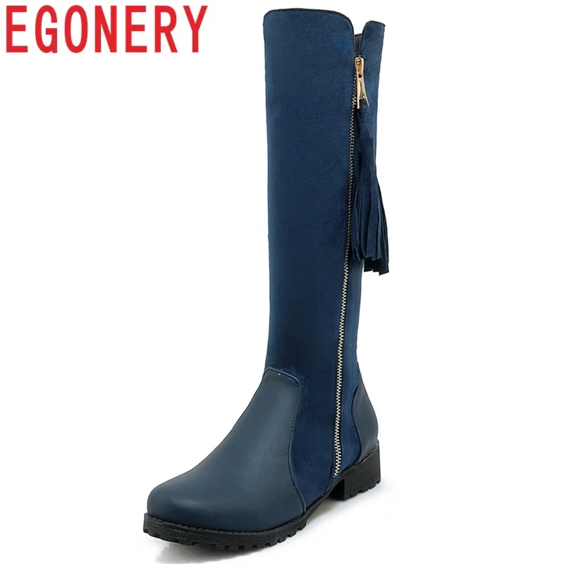 

EGONERY women shoes 2018 winter newest concise casual round toe med square heels zipper fringe black and blue knee high boots