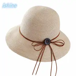 Для женщин с Соломенной Плетеной тесьмой Hat Регулируемая Sun Hat декоративные кнопки открытый отпуск защиты от солнца пляжная шляпа большой