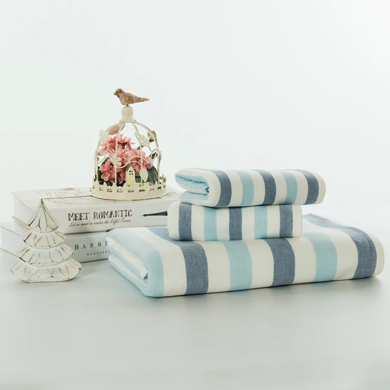 Package 100 Cotton Towel Sets, 3pcs Blue, White, Fresh And Stripy Towel, 35x75cm Hotel Bath