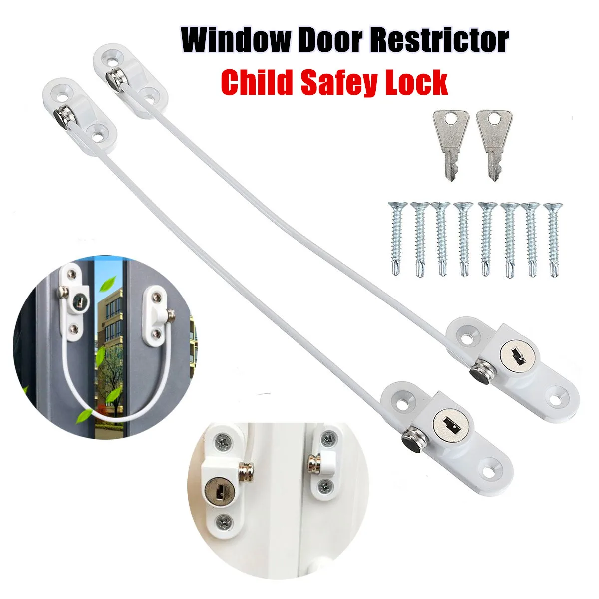 4x Kids Baby Window Door Cable Restrictor Lock Child Baby Security Key Lock
