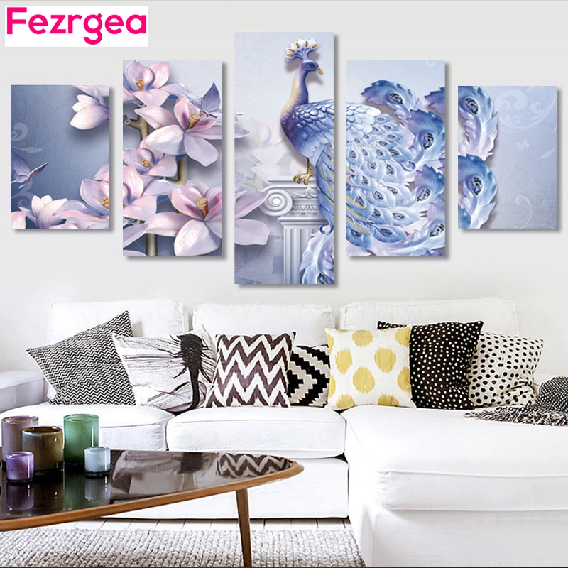 

Fezrgea 5pc 5D DIY Full Round Diamond Painting Peacock Diamond Embroidery Cross Stitch Mosaic Multi-picture Home Decor