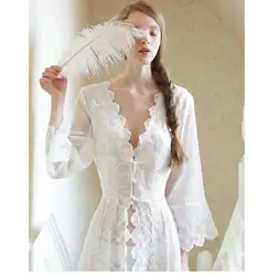 Пижамы пикантные длинные Ночное Белый Кружево Винтаж платье принцессы средневековой ночная рубашка европейском стиле PA Кружево халат