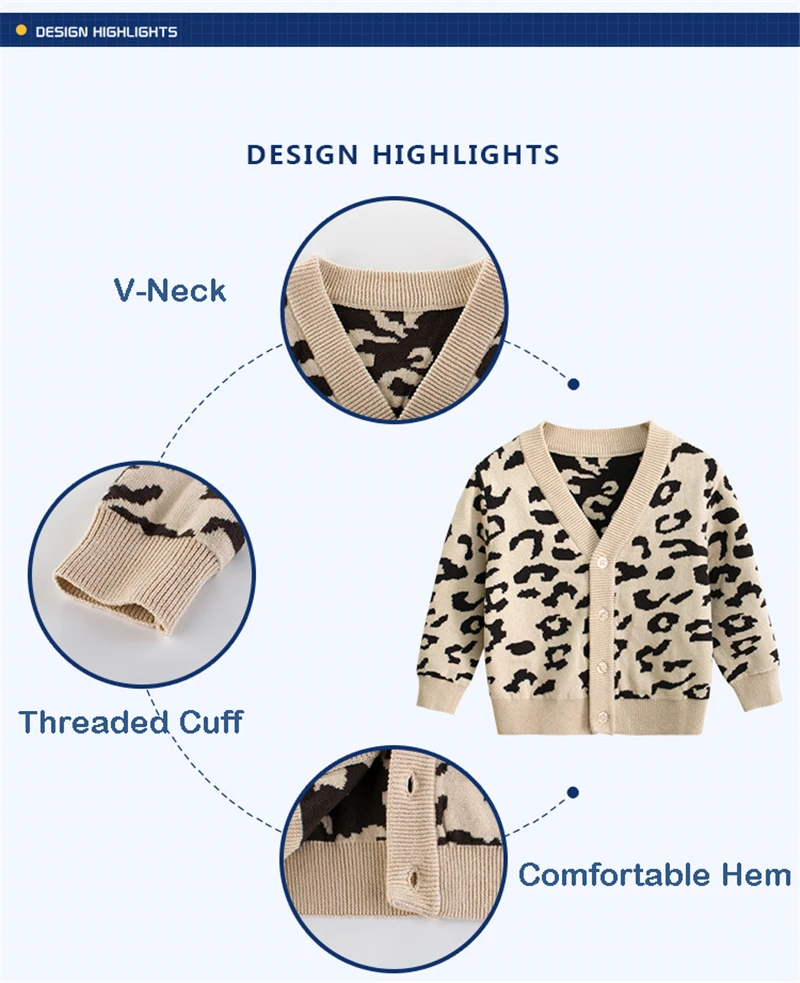 Свитер-кардиган для маленьких мальчиков и девочек, вязаный свитер с v-образным вырезом и леопардовым принтом на осень и зиму, детская одежда, детский вязаный кардиган