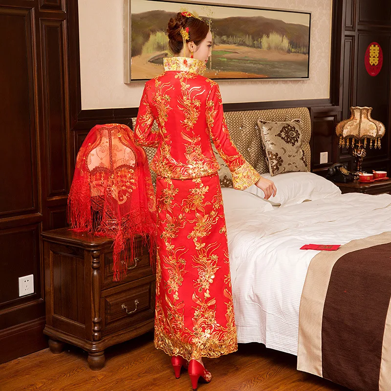 Современное китайское традиционное платье свадебное Qipao длинное плюс размерное Ципао Топ Vestido восточные платья невесты красное Qi Pao