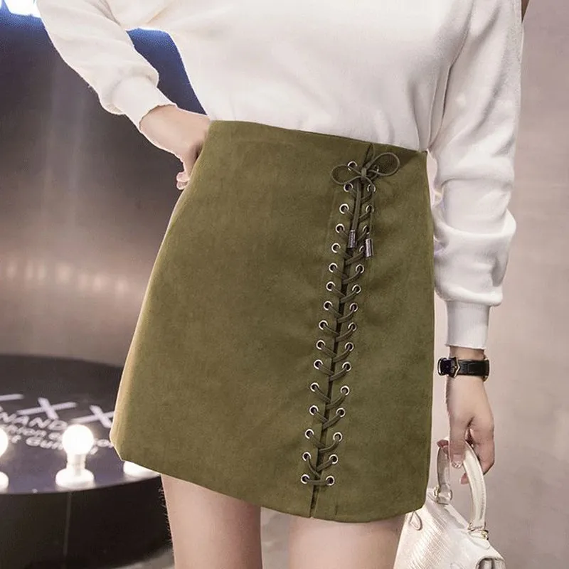 2018 Summer High Waist Faldas Mujer Lace-up Skirts Jupe Femme Lace Up Skirts Women Skirts Black Mini Suede Skirt For Women H0015 Skirts