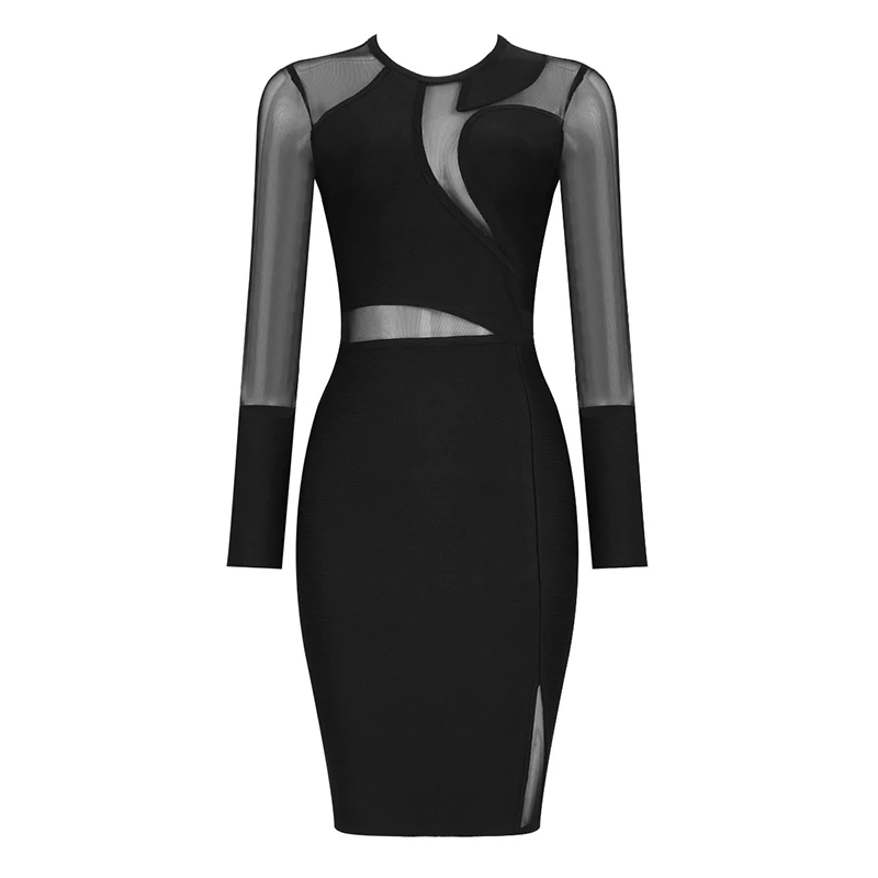Top Quality Black Long Mesh Sleeve Hollow Out Bodycon Rayon Bandage Dress Club Party Sexy Dress (9)