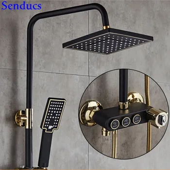 

Senducs Black Gold Thermostatic Shower Set Fashion Black Shower Head with High Quality Brass Bathroom Black Gold Shower Set