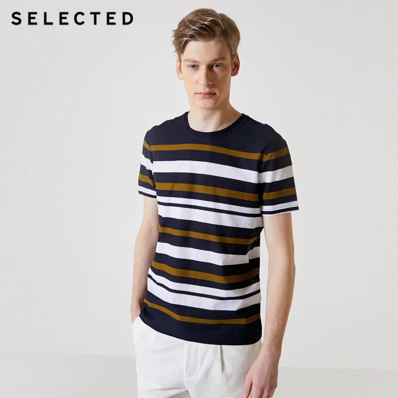 

SELECTED Men's Summer 100% Cotton Striped Short-sleeved T-shirt S|419201553