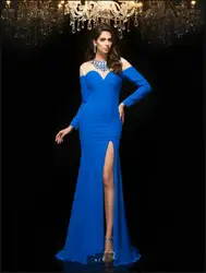 Платье De Festa sexy спандекс синий с длинным рукавом русалка вечернее платье формальный высокая декольте с боковыми разрезами элегантные