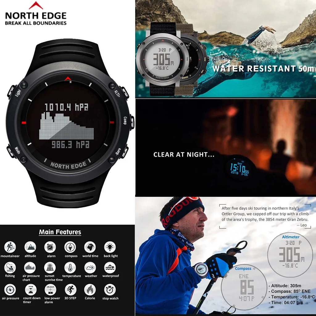 North Edge Алтай Спорт Смарт открытый компас наручные часы задний светильник для рыбалки