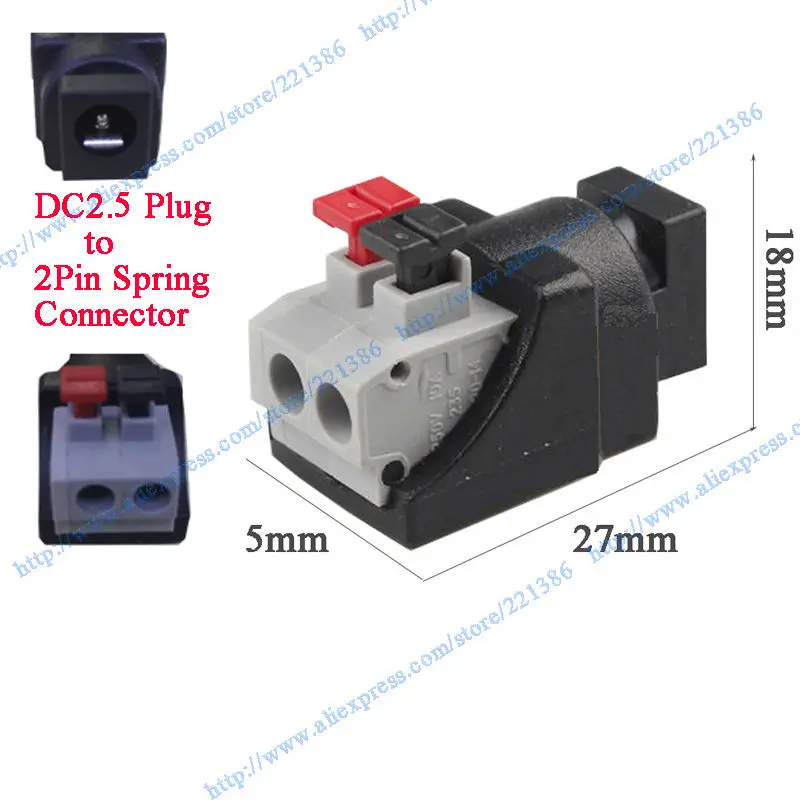 

10pcs CCTV DC Power Plug DC5.5*2.5 Jack DC plug press to connector Female DC socket to 2Pin spring block terminal
