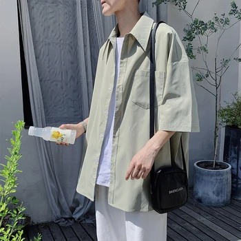 

Summer New Dress Shirt Men's Fashion Solid Color Casual Shirt Man Streetwear Trend Wild Hip Hop Loose Short-sleeved Shirt