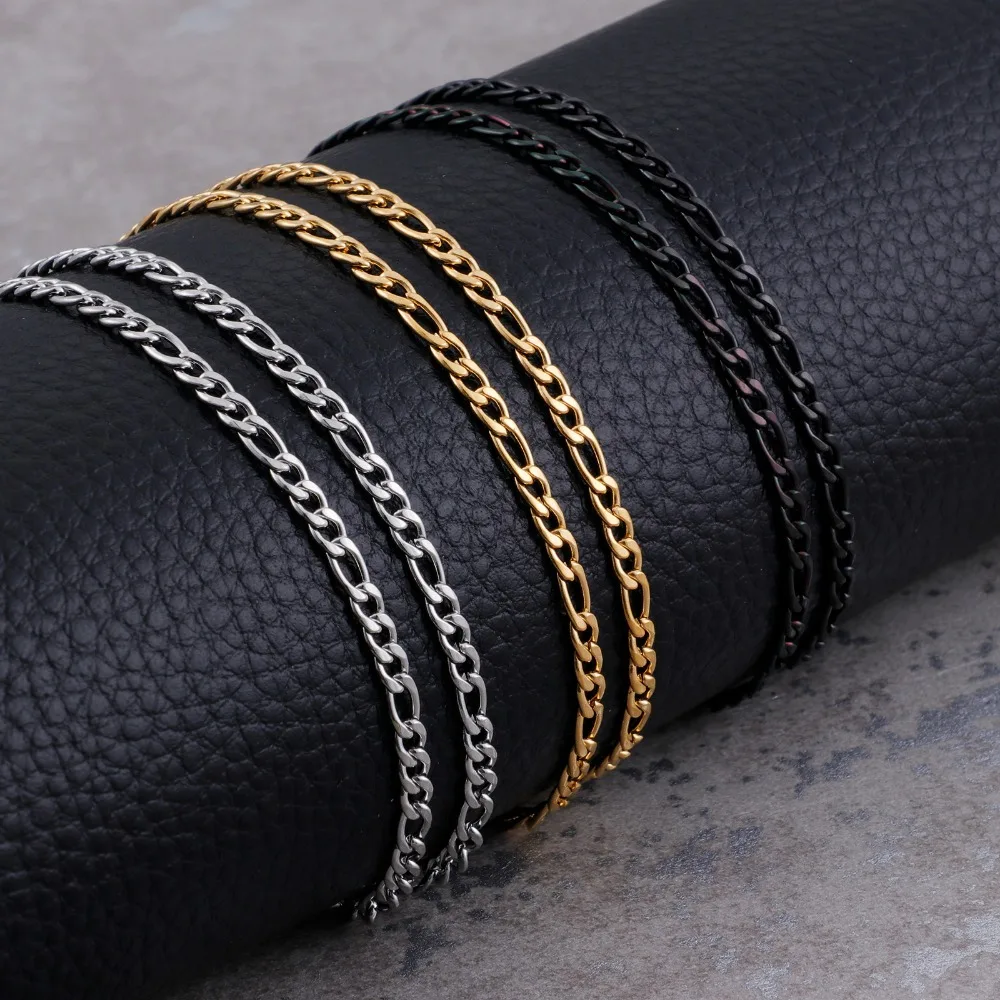 Stainless Steel Figaro Chain 3mm Width Gold/Silver/Black Trendy Necklaces Hip Hop Jewelry