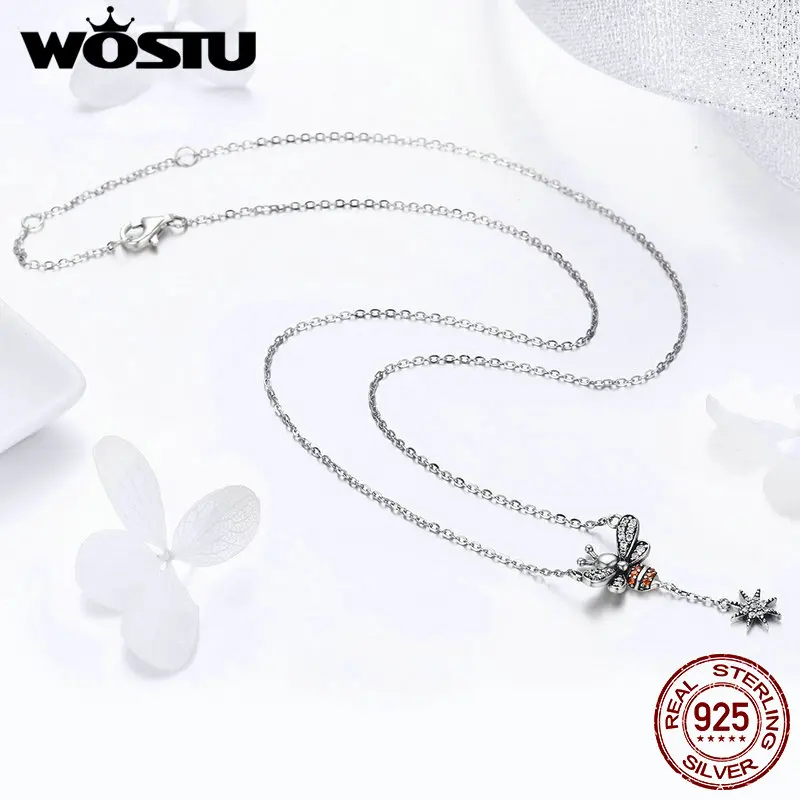 WOSTU,, настоящее 925 пробы, серебряная Пчела и ожерелье со подвеской из звезд для женщин, роскошное S925 Серебряное ювелирное изделие, подарок другу FIN221