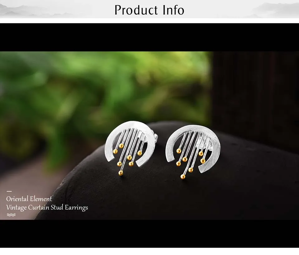 925 Sterling Silver Handmade Fine Jewelry Oriental Element Vintage Curtain Stud Earrings Acessorios for Women