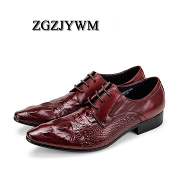 

ZGZJYWM Spring/Autumn Black/Red/Brown Genuine Leather Flat Oxford Lace-Up Crocodile Style Dress Wedding Shoes For Men