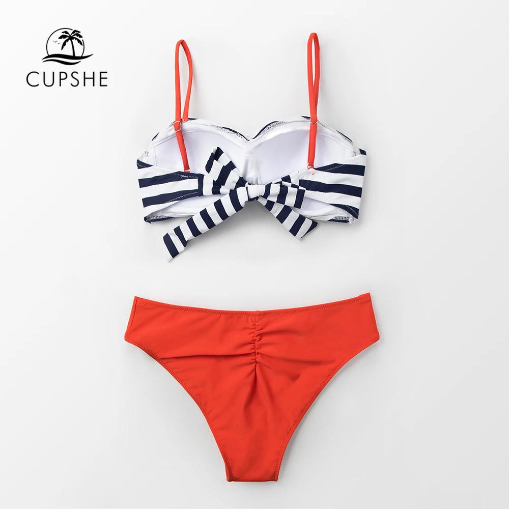 Billige CUPSHE Schwarz Streifen Und Mandarine Wrap Bikini Sets Frauen Push Up Zwei Stücke Badeanzüge 2020 Mädchen Strand Badeanzüge