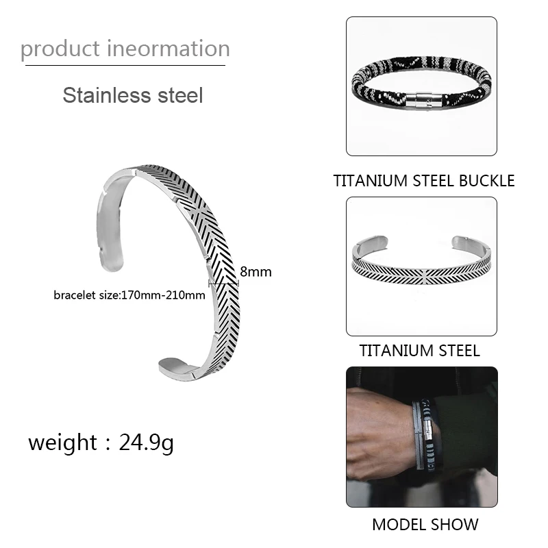 Mcllroy Super Flash Opening Bangles Charm Stripe Arm Cuff Bracelets Men Famous Brand Punk Bracelet Retro Titanium Silver Men
