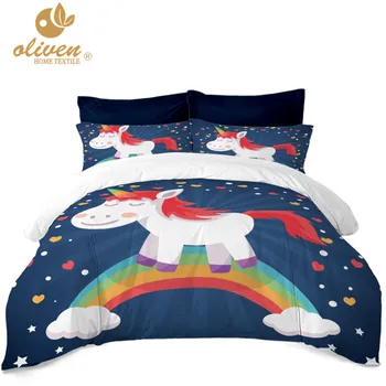 

Colorful Unicorn Design Bedding Set Kids Cartoon Duvet Cover Set Rainbow Bed Cover Sweet Bedclothes Pillowcase Home Textile