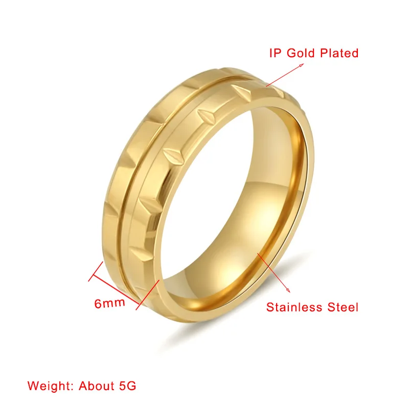 Gold Color Stainless Steel Engagement Wedding Ring For Women And Men Trendy Bands Party Round 6MM Fashion Jewelry Gift (A1058)