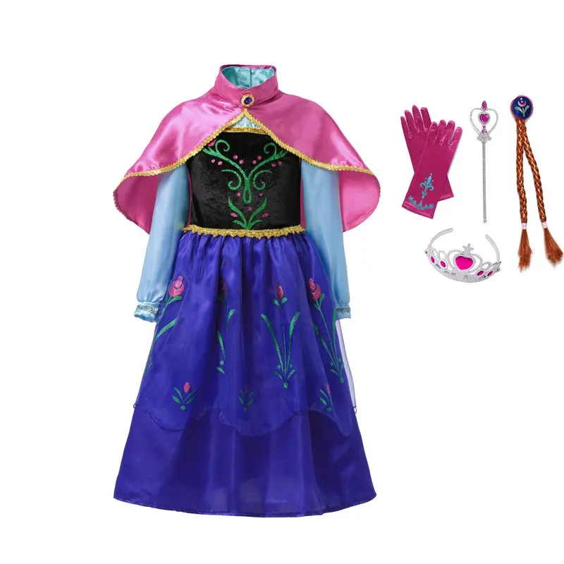 VOGUEON/нарядный костюм Анны для маленьких девочек; Детские вечерние платья принцессы с цветочным принтом; маскарадное платье с накидкой; подарок на Хэллоуин - Цвет: Dress with Acc 01
