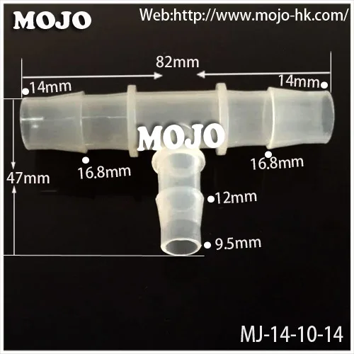 

Free shipping!! MJ-T14-10-14 Reducing multiple tee hose connector 10 mm to 14mm barbed type connectors (100pcs/lots)
