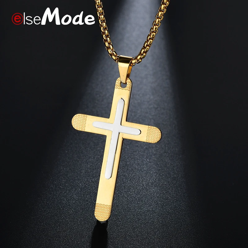 

ELSEMODE Christian Jesus Cross Jewelry for Women Men Gold Silver 316L Stainless Steel Charms Pendant Necklace Friend Gifts