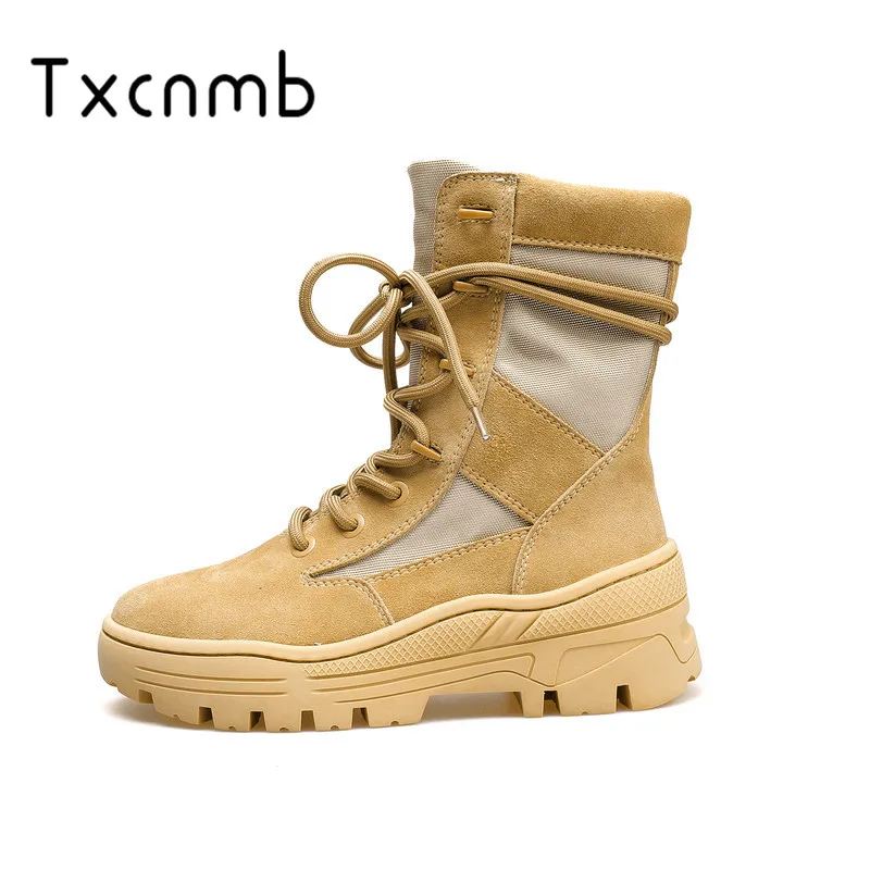 

TXCNMB 2019 Women Boots Lace Up ankle Boots Middle Heel Soft Genuine Leather Autumn Winter Women Shoes punk boots shoes woman