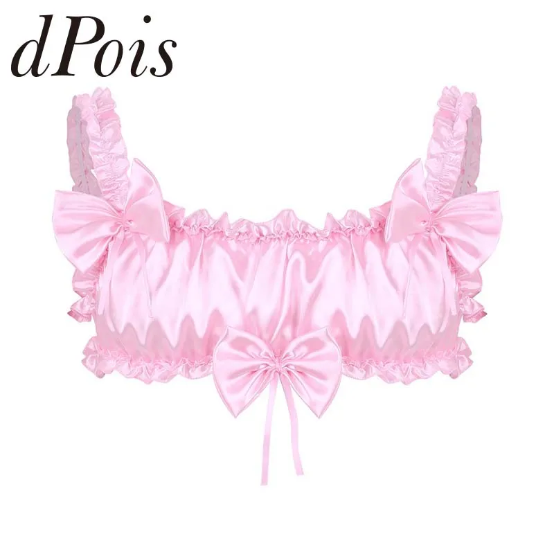 

Mens Sissy Lingerie Smooth Soft Satin Ruffled Frilly Elastic Wide Shoulder Straps Backless Wire-free Bra Top Sexy Mens Underwear