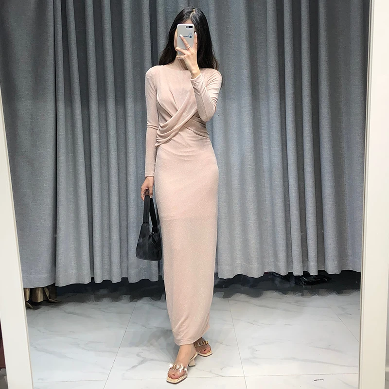 

BIAORUINA Women Pink Solid Patchwork Sequines Sexy Maxi Dress Ladies Backless Split Party Dress Sheath Elegant Knitted Dresses