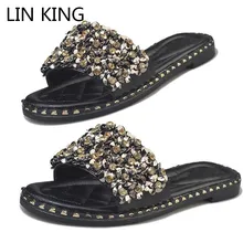LIN KING/роскошные женские шлепанцы со стразами; повседневная женская летняя обувь на плоской подошве; нескользящие наружные горки; Zapatos De Mujer