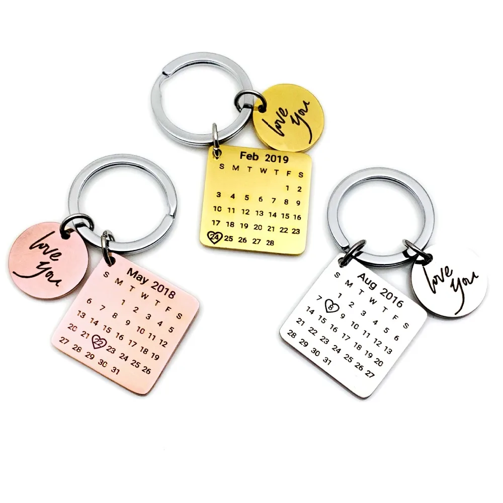 

Personalized Calendar Keychain Hand Carved Calendar Highlighted with Heart Date Keyring Stainless Steel Private Custom Brelok