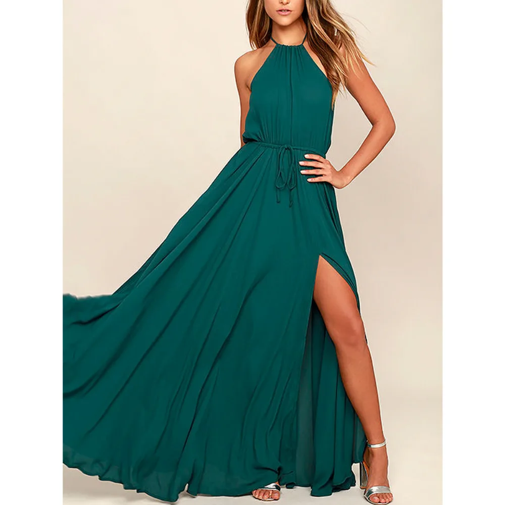 

Summer Maxi Long Party Dress Women Halter Neck Vintage Sleeveless High Split Boho Dress Plus Size Sexy Beach Dress Vestido