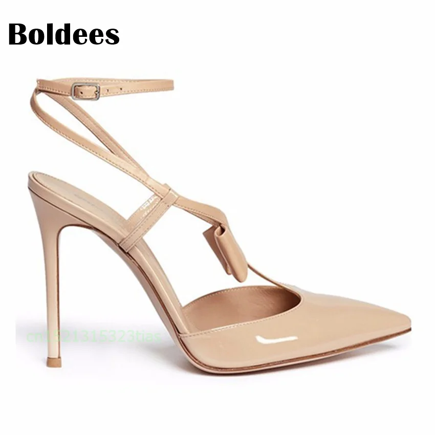 

Ladies Nude Shoes Summer Patent Bowtie Gladiator Pointed Toe Sandals Women High Heels Party Wedding Shoes Ladies Sandals 43