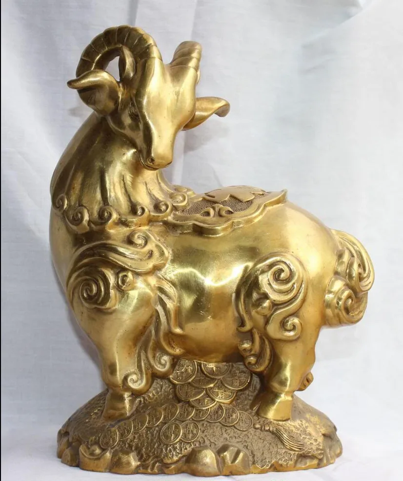 

zhaorui4884322+ +12" Chinese Fengshui Bronze Animal Wealth Money Foo Fu Sheep Ram Goat Sculpture statue
