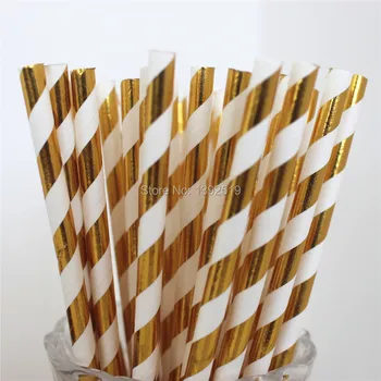 

Free Shipping 11000pcs Eco-friendly Metallic Gold & Silver Foil Stripe Paper Straws Party & Wedding Decorative
