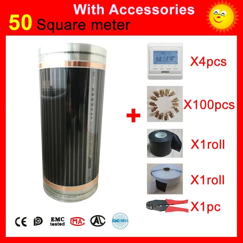 50 Square meter Infrared Heating film With accessories, AC220V floor heating film 50cm x 100m