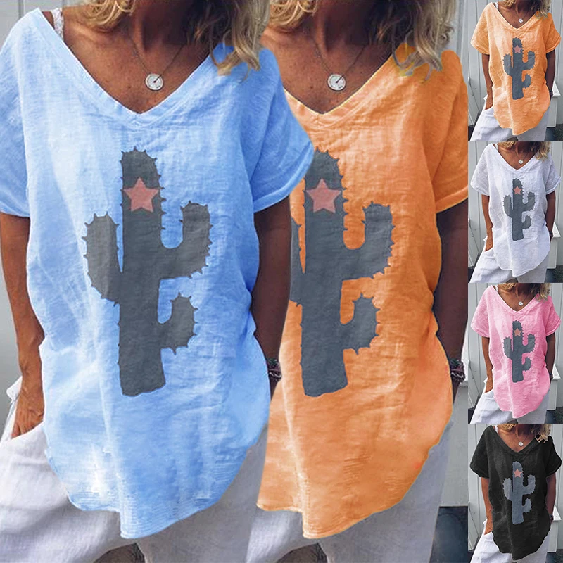 Summer Hot Popular Womens Casual  Plant Printing  Cotton Linen V Neck T Shirt Ladies Summer Baggy Short Sleeve Tops Blouse 2019