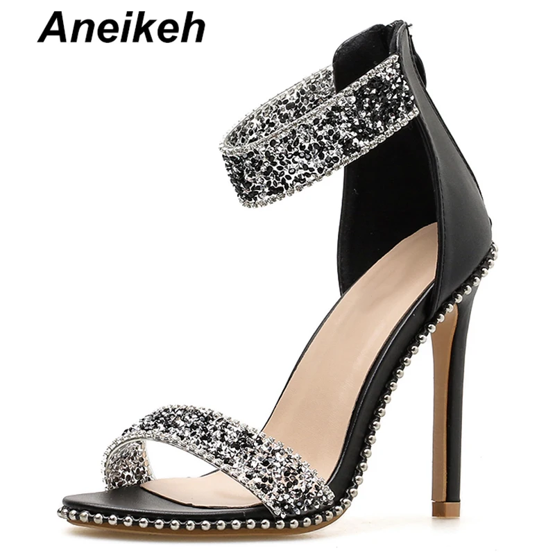 Aneikeh/пикантные женские босоножки с блестящими кристаллами; обувь на высоком каблуке в римском стиле с открытым носком и ремешком на щиколотке; сандалии с вырезами