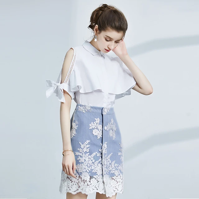 New Women Skirts Suits 2018 Ruffles Lace Up Bows Shirts Blouses + Denim Lace Embroidery Skirt Suits Clothing Sets NS399