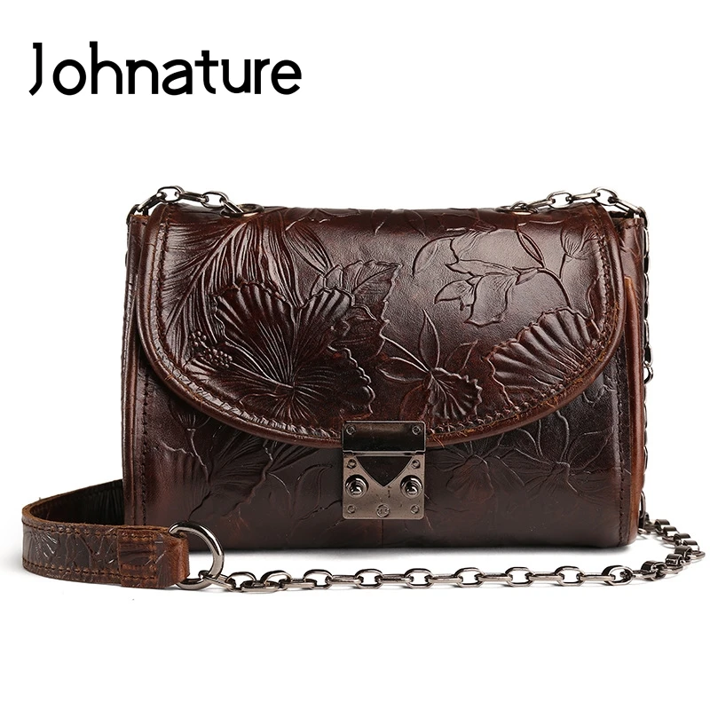 

Johnature 2020 New Vintage Genuine Leather Floral Embossed Flap Pocket Versatile Shoulder&Crossbody Bags Fashion Women Flap