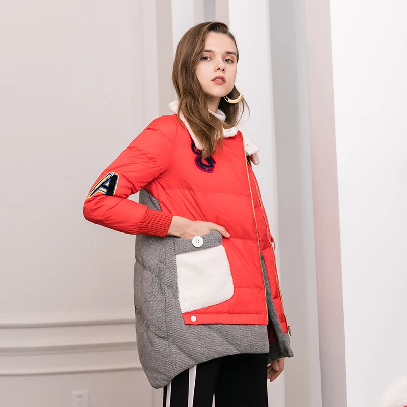 Femmes Hiver Veste yellow Z14 Red Bas Femelle Nouveau La Plus Mode Lettre Patchwork Longues Manches Tournent Le Parkas Taille Vestes Vers Manteaux rBwqr