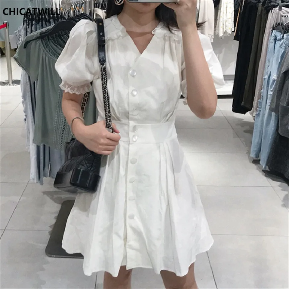 

CHICATWILL 2019 NEW Elegant Lace Ruffles Women White Linen Dresses Office Lady Puff Sleeves Work Brief Mini Dress