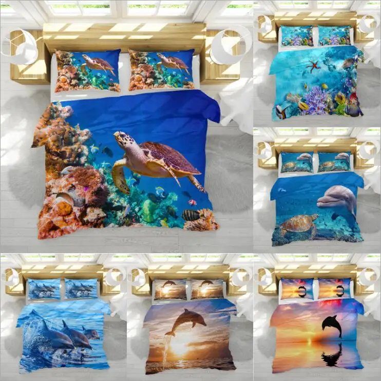 

Bedding Set Ocean dolphins turtles starfish personality European style 2/3pcs soft Duvet Cover Sets Pillowcase