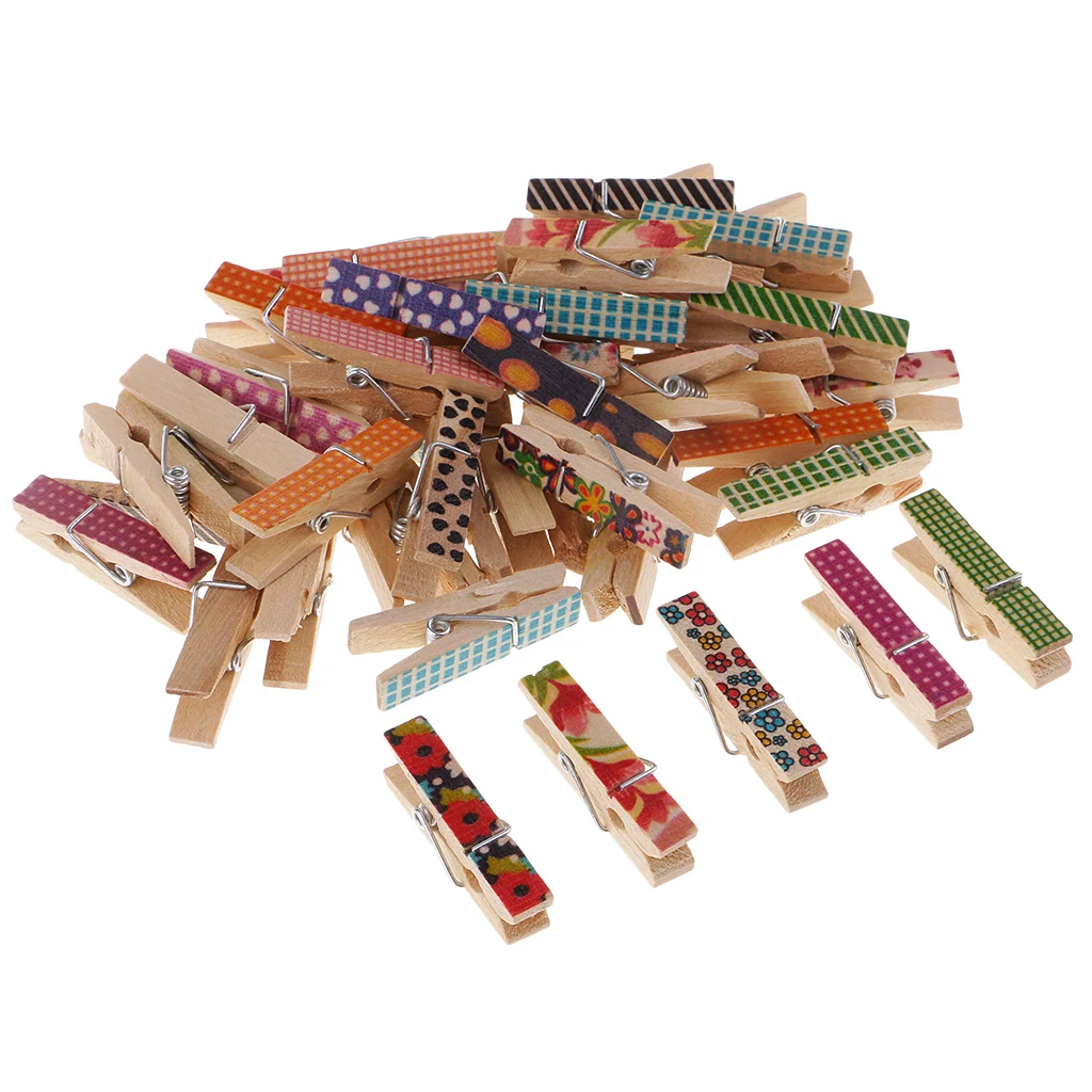 50pc Wedding Party Hanging Ornaments Clips Patterned Wooden Clips Mini Wood Pegs Clothespin DIY Christmas Decorations